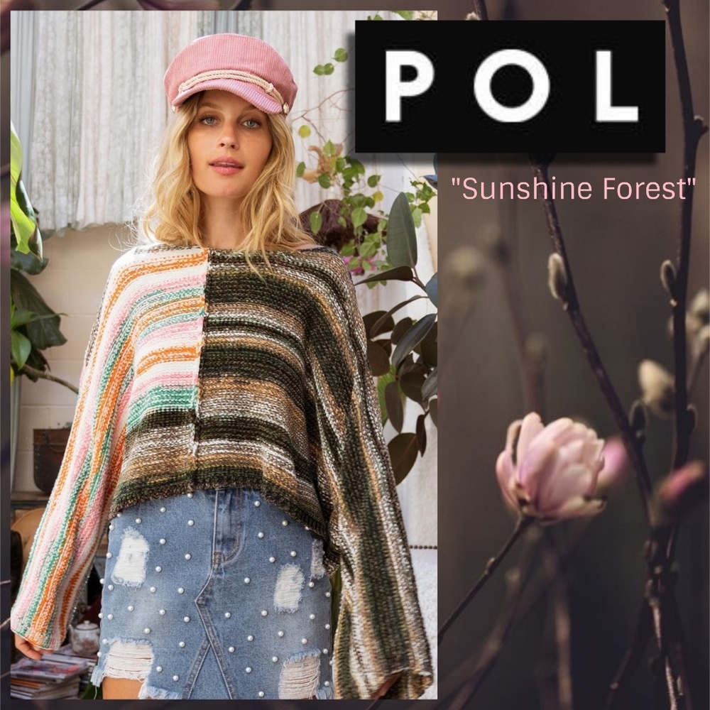 📌 POL "Sunshine Forest" Cropped Oversized Sweater Contrast Stripes, Wide Sleeves